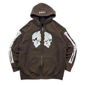 Pur3 Hoodie Men Medium Brown Zip Skull Skeleton Bones Cyber Grunge Skater Y2K